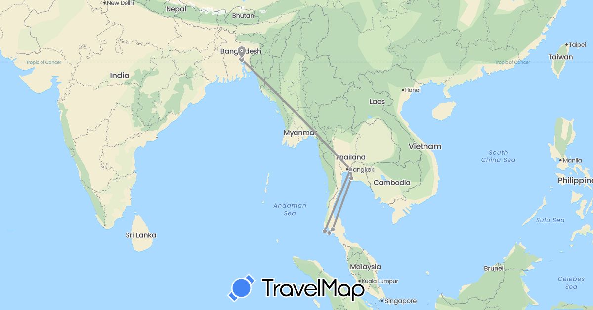 TravelMap itinerary: driving, plane in Bangladesh, Thailand (Asia)
